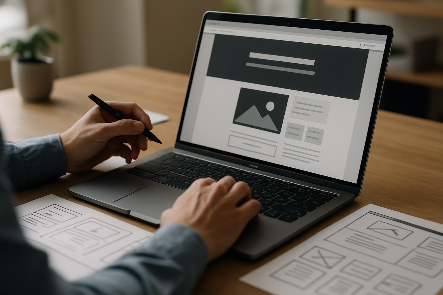 Designer sketching a website layout on a laptop